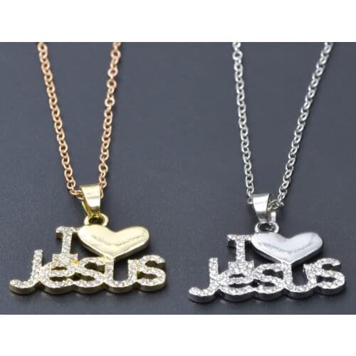 I love Jesus Pendant Charm Necklace For Women Men Accessories Rhinestone Christ Necklace Fashion Jewelry Link Chain On The Neck