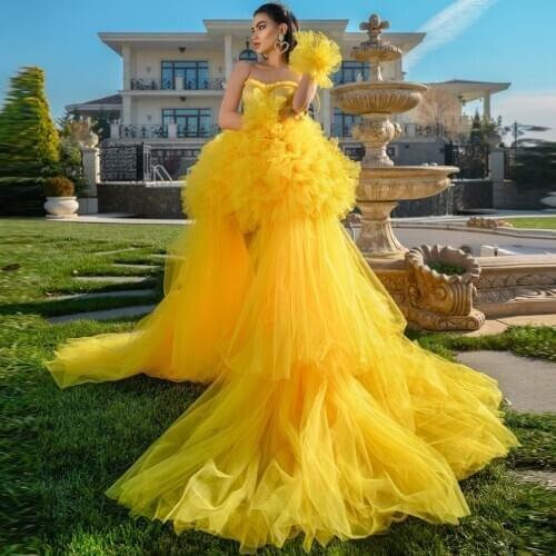 Modern Gold Lush Tulle High Low Prom Gowns 2021 Ruffles Tiered Off The Shoulder Long Women Dresses Outfit Birthday Wedding
