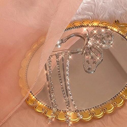 Singly Korean Elegant Butterfly Rhinestone Tassel Arc Ear Hanging Clip For Women Girls Good-Looking No Piercing Ear Cuff Jewelry