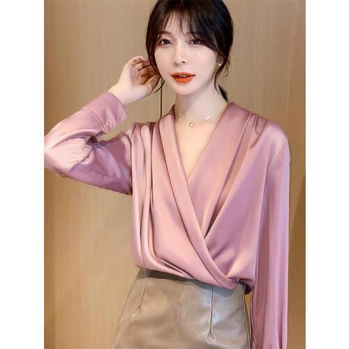 Satin Design Shirt Womens Clothing 2020 Spring Long Sleeve Chiffon Shirt Korean Office Fashion Cross V-neck Blouse Tops f2732