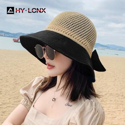 Women Korean Straw Hollow Fashion Fisherman Hat With Big Brim Breathable Bowknot Decoration Beach Travel Sun Bucket Hat