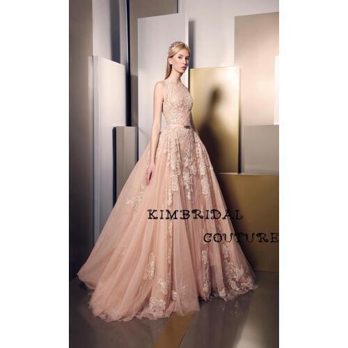Arabic New Evening Gowns Floor Length Dresses Sheer Tulle Lace Appliques Beading Ball Gown Champagne Prom Dresses Ziad Nakad