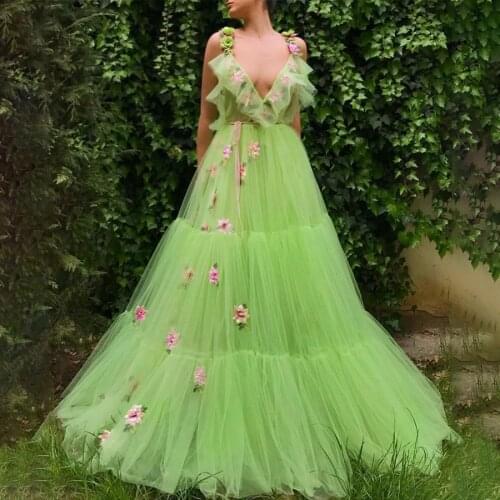Spaghetti Straps Sexy Ruffles Neckline A-line Green Prom Dress with 3D Flowers vestidos graduacion 2020 Evening Dresses