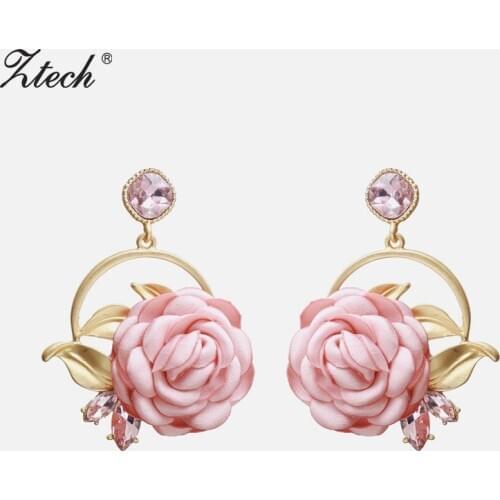 Ztech New Designs Big Pink Rose Flower Drop Earrings for Women Fashion Rhinestone Statement Earrings Dangle Wedding Jewelry