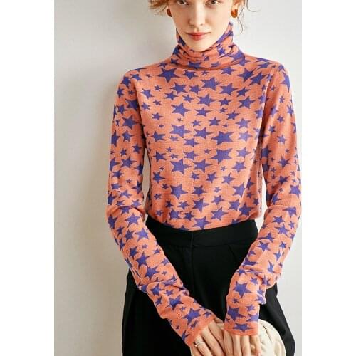 100% Wool With Metallic Yarn 2021 Fall Winter Womens Pile Collar Bottomed Slim Star Pullover Cardigan