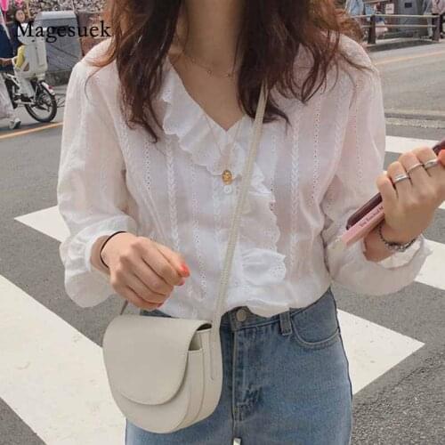 2021 Solid Cotton Simple Womens Tops and Blouses Korean Style Sweet Ruffled V-neck Long Sleeve Shirt Women Ladies Tops 8561 50