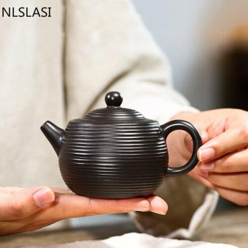 Authentic Yixing Tea Pot Boutique Purple Clay Teapots Raw ore black mud Handmade stripe kettle Tea ceremony Customized 200ml