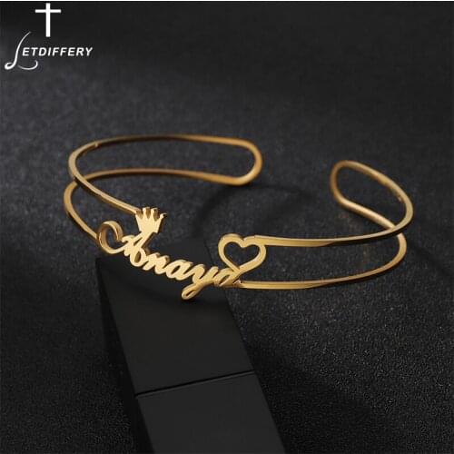 Letdiffery New Custom Heart Name Bangle for Women Stainless Steel Cuff Crown Bracelet Adjustable Personlized Jewelry Unique Gift