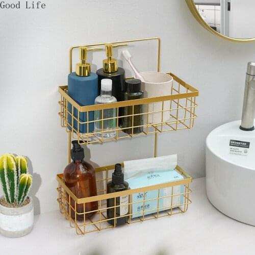 Double Layers Punch-free Golden Cosmetic Storage Racks Toilet Bathroom Iron Racks Wall Hanging Decorative Basket