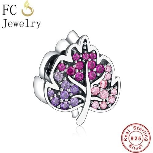 FC Jewelry New Arrival Fit Original Brand Charm Bracelet 925 Silver Leaf Pave Pink Pink Zircon Bead Making Reflexion Berloque