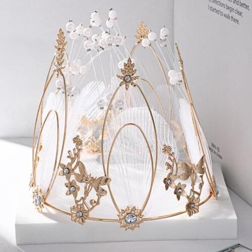 Fairy Princess Crown Exquisite Bridal Headdress Metal Cake Decoration Beads Mesh Round Crown for Party Birthday