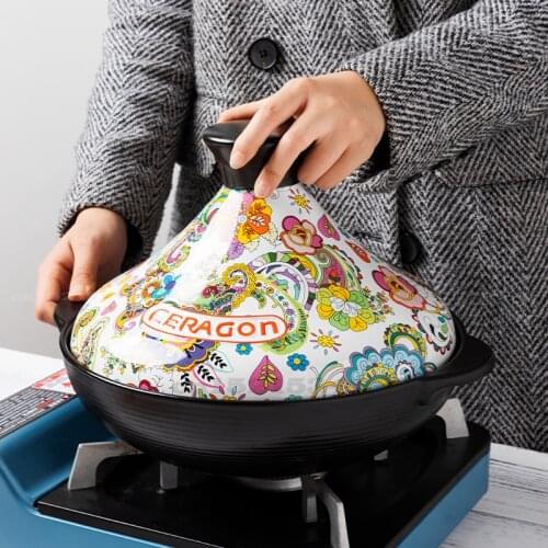 25cm Moroccan Ceramic Taji Pot Handmade Glaze Barbecue Pots with Lid Just for Toaster and Microwave Oven Home Tableware 1.5L