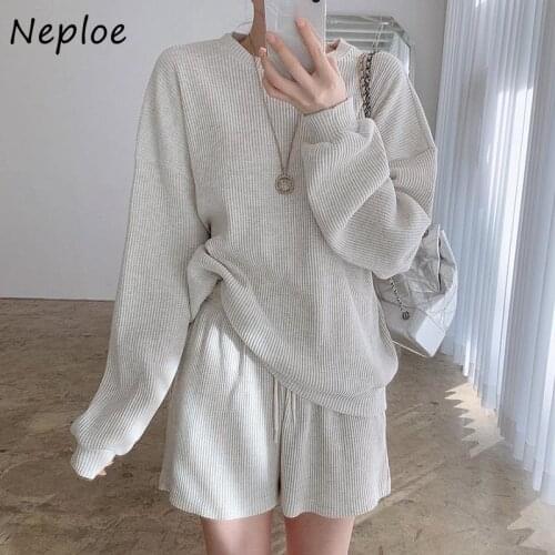 Neploe Loose Causal Spring 2 Pcs Women Set O Neck Pullover Long Sleeve Top + High Waist Hip Wide Leg Shorts Spring Suit 2021