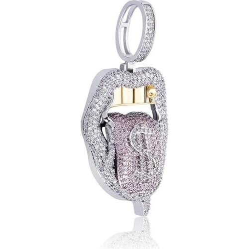 Big Mouth Tongue Dollar Pendant GP1101 Hip Hop Iced Out Bling Necklace Rapper Jewelry Cubic Zirconia Gold Sliver