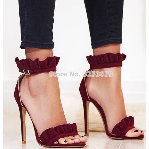 Best Selling Ruffles Sandals Stiletto Heels Gladiator Shoes Suede Falbala Sweet Girls Dress Pumps Wedding Shoes Size43 Dropship
