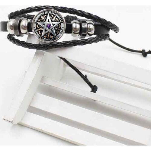 Fashion black magic pagan five-pointed star time gem crystal glass bracelet gift woven leather ladies mens jewelry