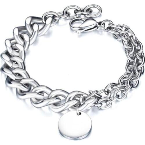 Mens women gifts jewelry Best seller stainless steel Handmade Curb link chain bracelet Round Tag Charms bracelet 8.66