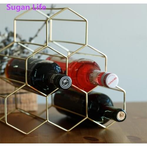 Nordic Rose Gold Geometric Honeycomb Design Iron Art Wine Rack With 6 Holes Storage Shelf Wine Holder For Vodka Whisky Bottles