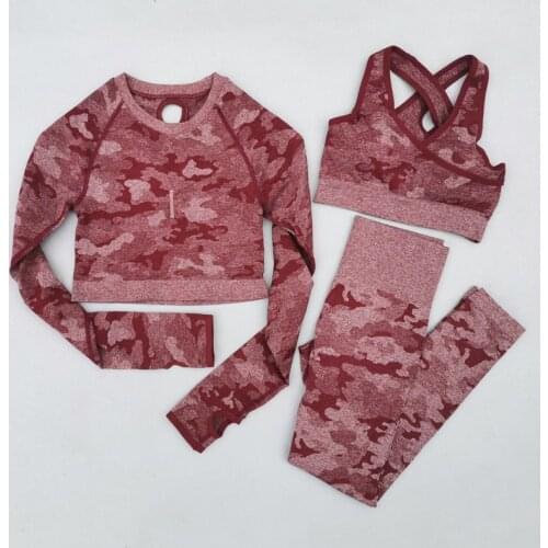 2020 New Camo Seamless Yoga Set Sports Wear Women Fitness Clothing Gym Leggings Sport Bra Long Sleeve Crop Top Sports Suits