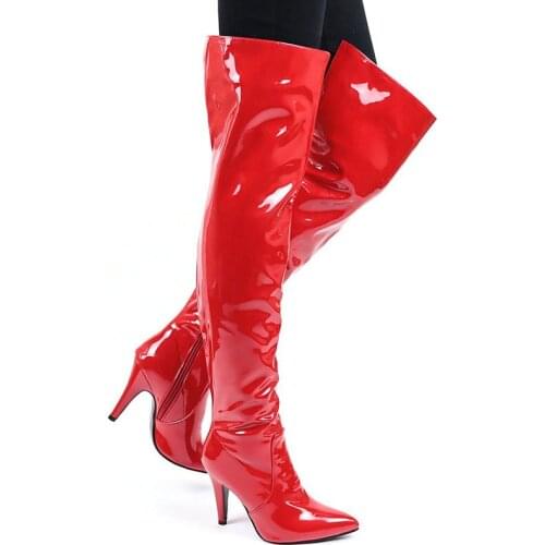 New Fashion Red Black Patent Leather Autumn Winter Over The Knee Women Boots Pointed Toe Thin High Heels Zip Ladies Long Boots