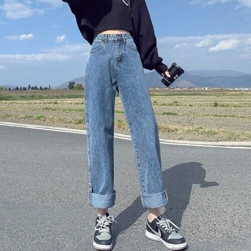 New Straight Boyfriend Jeans Blue Denim Pants High Waist Mom Jeans Plus Size Jean Trousers Loose Casual Vintage Korean
