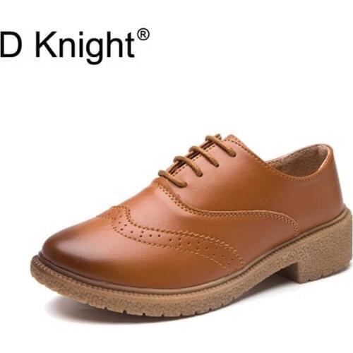 New Genuine Cow Leather Women Oxfords Vintage Brush Carved Oxfords For Women Ladies Casual Lace Up Flat Oxford Shoes Size 33-41