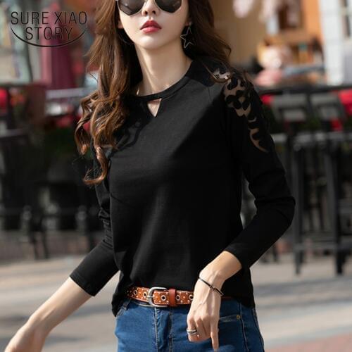 2019 Autumn T-shirt New Fashion Slim Long-sleeved T-shirt Plus Size O-neck Hollow Out Solid Tshirts Tees Female Tops 7214 50