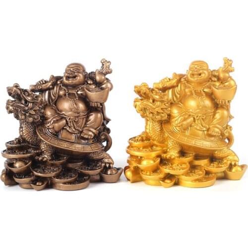 Resin God of Wealth Laughing Buddha Statue，Modern art sculpture，Chinese Home Feng Shui Dragon Turtle Decoration Figurines statue