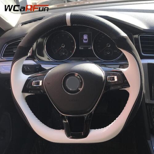 WCaRFun Black Leather White Leather Car Steering Wheel Cover for Volkswagen Golf 7 Mk7 New Polo Passat B8 Tiguan