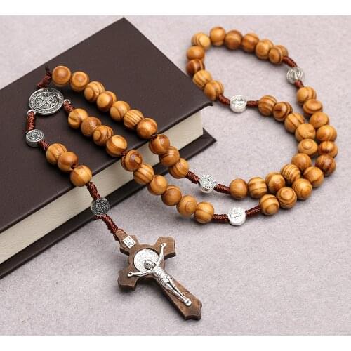 YEYULIN Retro Pine Rosary Beads Cross Necklace for Catholic Handmade Wood Chain Gift Cross Charms Pendants Necklace Jewelry