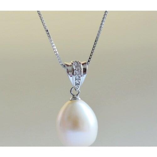Ladies pendant, 9-10mm freshwater pearl, drop shape, 925 sterling silver, small pearl necklace for girls