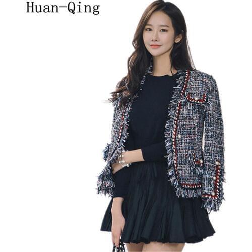 High Quality Autumn Winter Womens Vintage Tweed Blends Pearl Buckle Jacket Coat Fashion Sexy V-Neck Long Sleeve Coat Outerwear