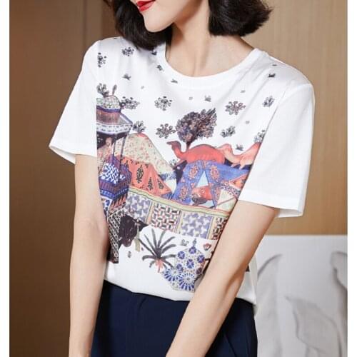 2021 Summer Vintage Silk O-Neck T-Shirt Women Cotton Basic Print Tee Shirt Female Short Sleeve White Tops Harajuku Tshirt Ladies