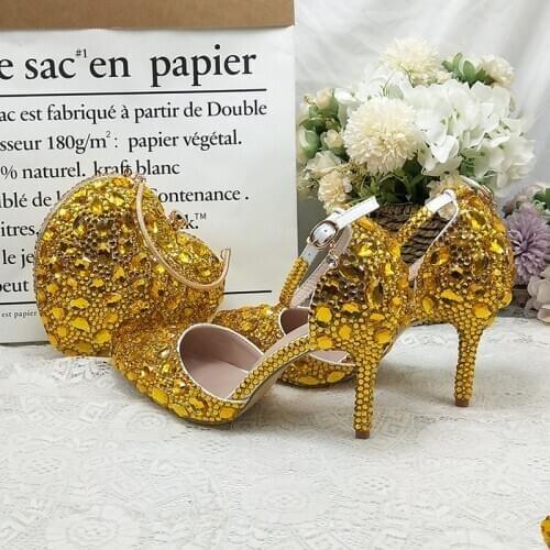 BaoYaFang Golden Crystal wedding shoes and bags set Ladies Party shoes Fashion dress shoes with matching bags ankle strap