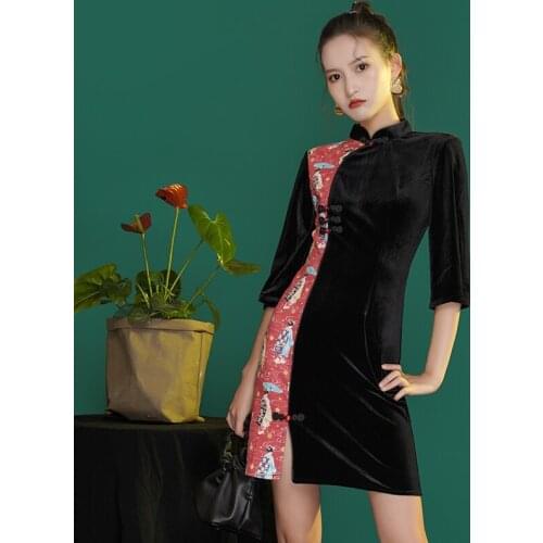 SWEETXUE 2020 Autumn Winter New Improved Short Cheongsam Dress Girl Fashion Velvet Elegant Stitching Womens Clothing