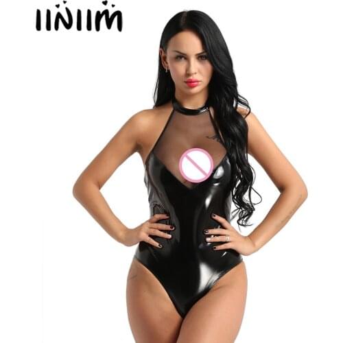 Women One-piece Wetlook Faux Leather Mesh Patchwork Lingerie Sexy Clubwear Backless High Cut Teddy Bodysuit Adult Nightwear