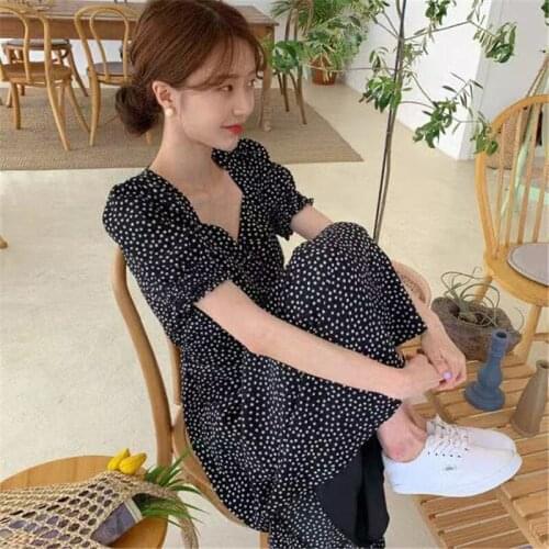 Summer Womens Dress 2021 Dressed In Korean New Vintage Clothing Square Lace Up Dress Slim Fit Lantern Print Sleeve Dresses