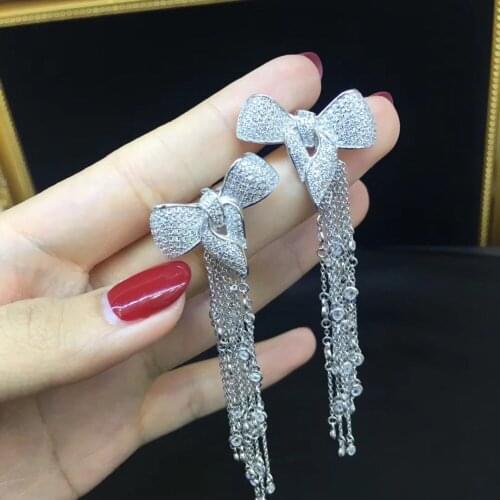 925 sterling silver with cubic zircon bowknot drop earring long tassels bling bling fine women jewelry free shipping