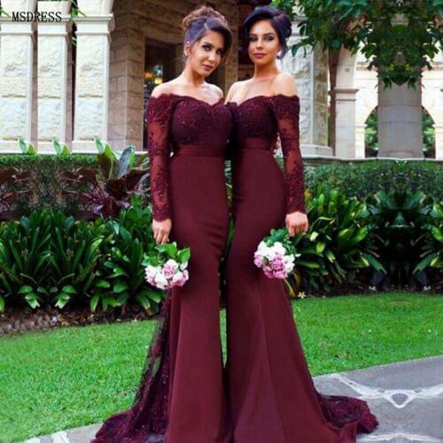 2019 Cheap Sexy Burgundy Mermaid Long Sleeve Bridesmaid Dress Lace Long Most Popular Bridesmaid Dresses Floor Length