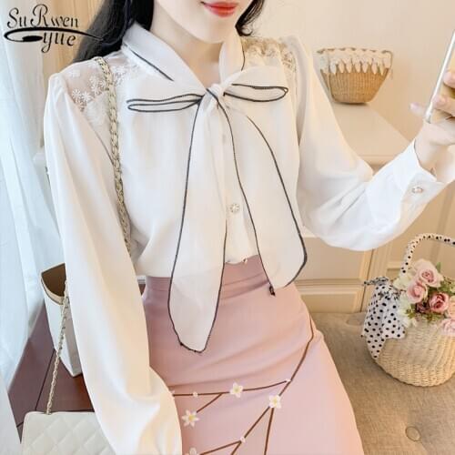 2021 Fashion Women Blouses Early Autumn New Lady Bow Tie White Shirt Loose Chiffon Blouse Long Sleeve Office Lady Style 10596