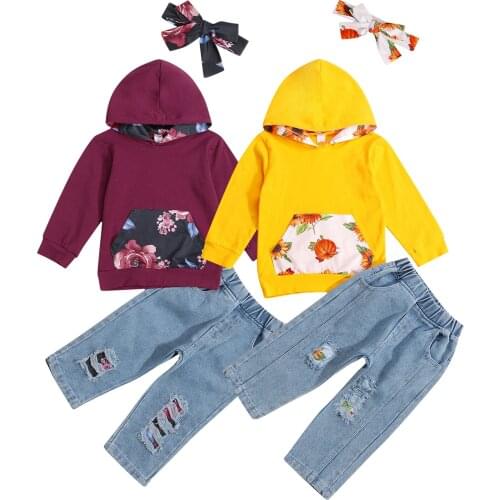 Infant Baby Girl 3Pcs Fall Outfits, Floral Print Long Sleeve Hoodie + Ripped Pants + Headband Set 6M-3T