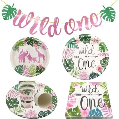 8Pcs Pink Wild One Jungle Safari Animal Zoo Paper Plates Cups Napkins Disposable Happy Birthday Baby Shower Party Decoration
