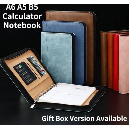 A6 A5 B5 Calculator Notebook PU Leather Diary Journal Binder Spiral Zipper Bag Note Book Business Manager Folder Pad Handbook