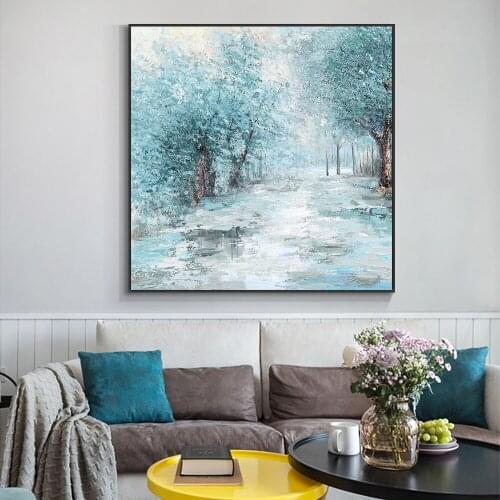 Abstract Textured Blue Trees Oil Painting 100% Hand Painted On Canvas Modern Canvas Wall Art For Living Room Home Decoration