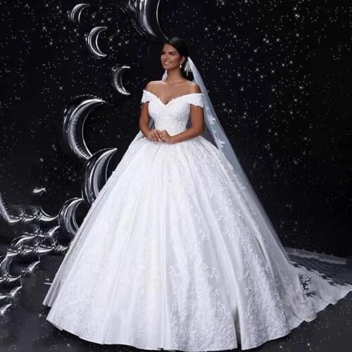 V-Neck Off The Shoulder Lace Up Back Lace Applique Crystal Beaded Satin Ball Gown Wedding Dresses Bridal Dresses
