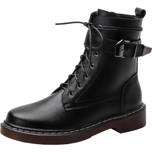 Fashion Women Leather Snow Black Boots Autumn Winter Motorcycle Shoes with Warm Vintage Classic Female Military Booties