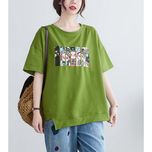 100% Cotton T Shirts 2021 New Arrival Short Sleeve Loose Summer T-shirt Women Tops Print Peking Opera Fashion T Shirt Tees Shirt