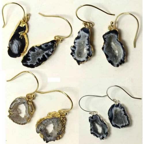 Natural Onyx Irregular Quartz Multi Colorful Slice Agat Crystal Stone Beads Dangle Drop Hook Earrings