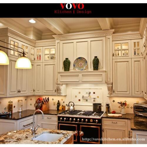 Canada white wood kitchen cabinets with crown molding upto ceiling