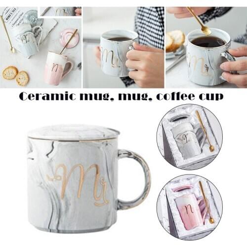 Newest Mr＆Mrs Ceramic Mug With Lid and Stainless Steel Spoon Coffe Cup Gift for Couple Lovers 400/450ml